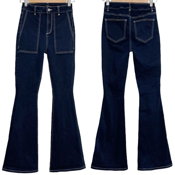 AFRM Denim - AFRM High Rise Contrast Stitch 70s Flare Bell Bottom Stretch Dark Wash Jeans 26